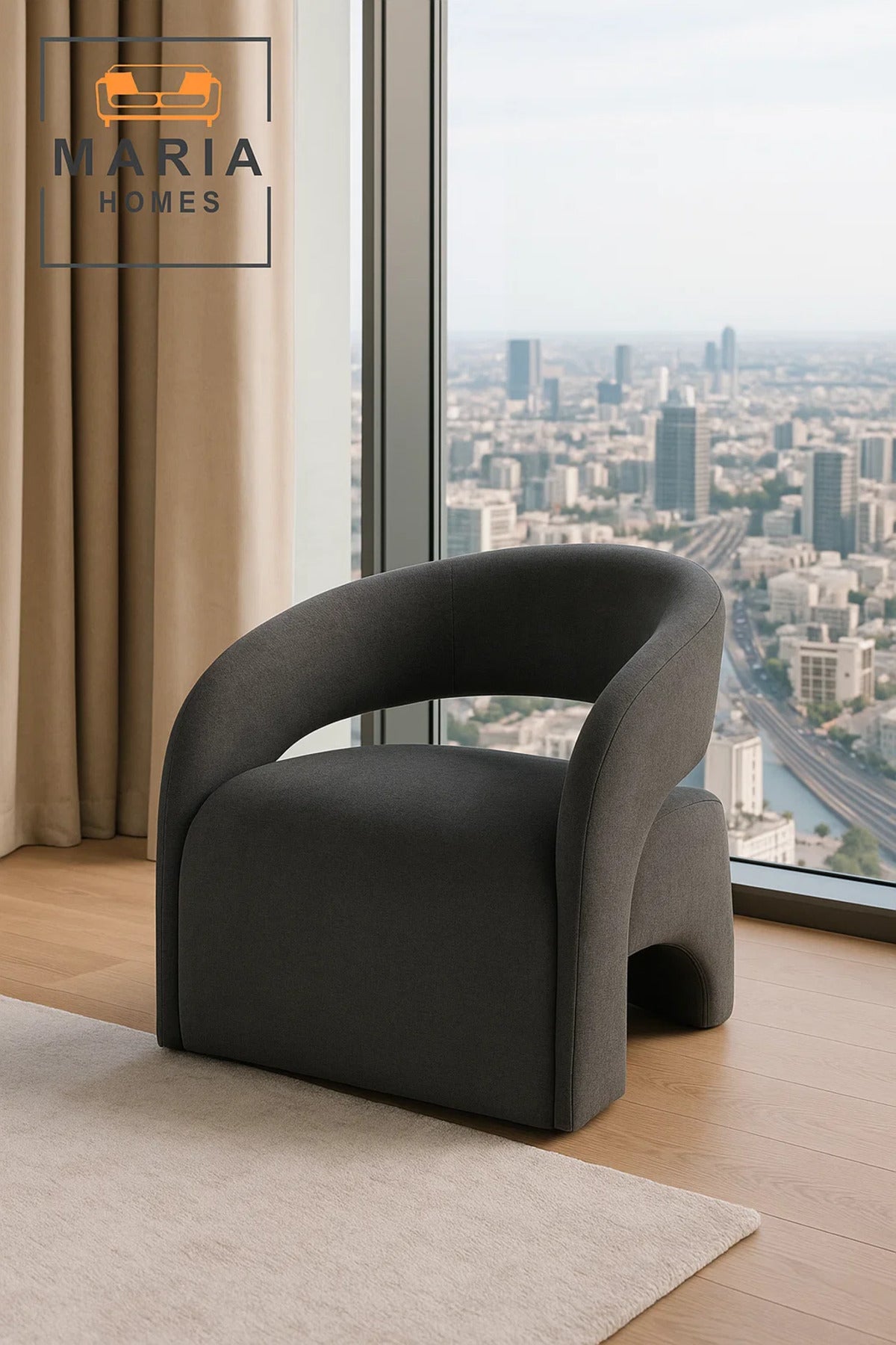 Contemporary Curved Armchair in Dark Gray Fabric Ð Modern Lounge Accent Chair