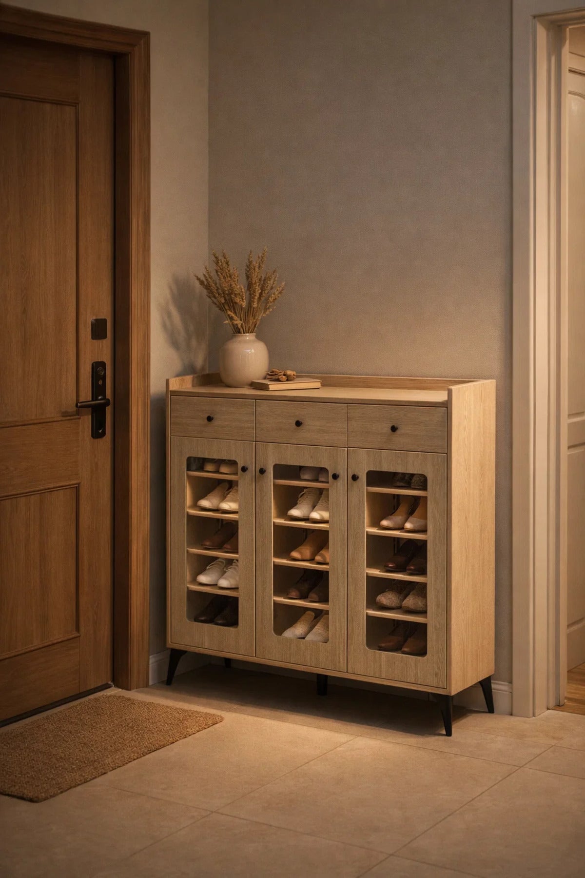 Modern Light Wood Shoe Cabinet with Drawers and Glass Doors - Stylish Entryway Storage Organizer
