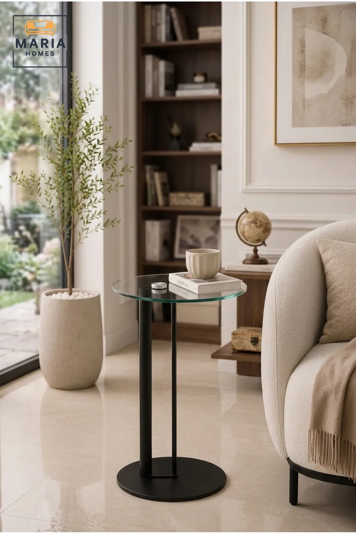 Modern Round Glass Side Table with Black Metal Frame and Minimalist Pedestal Base