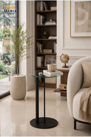 Modern Round Glass Side Table with Black Metal Frame and Minimalist Pedestal Base