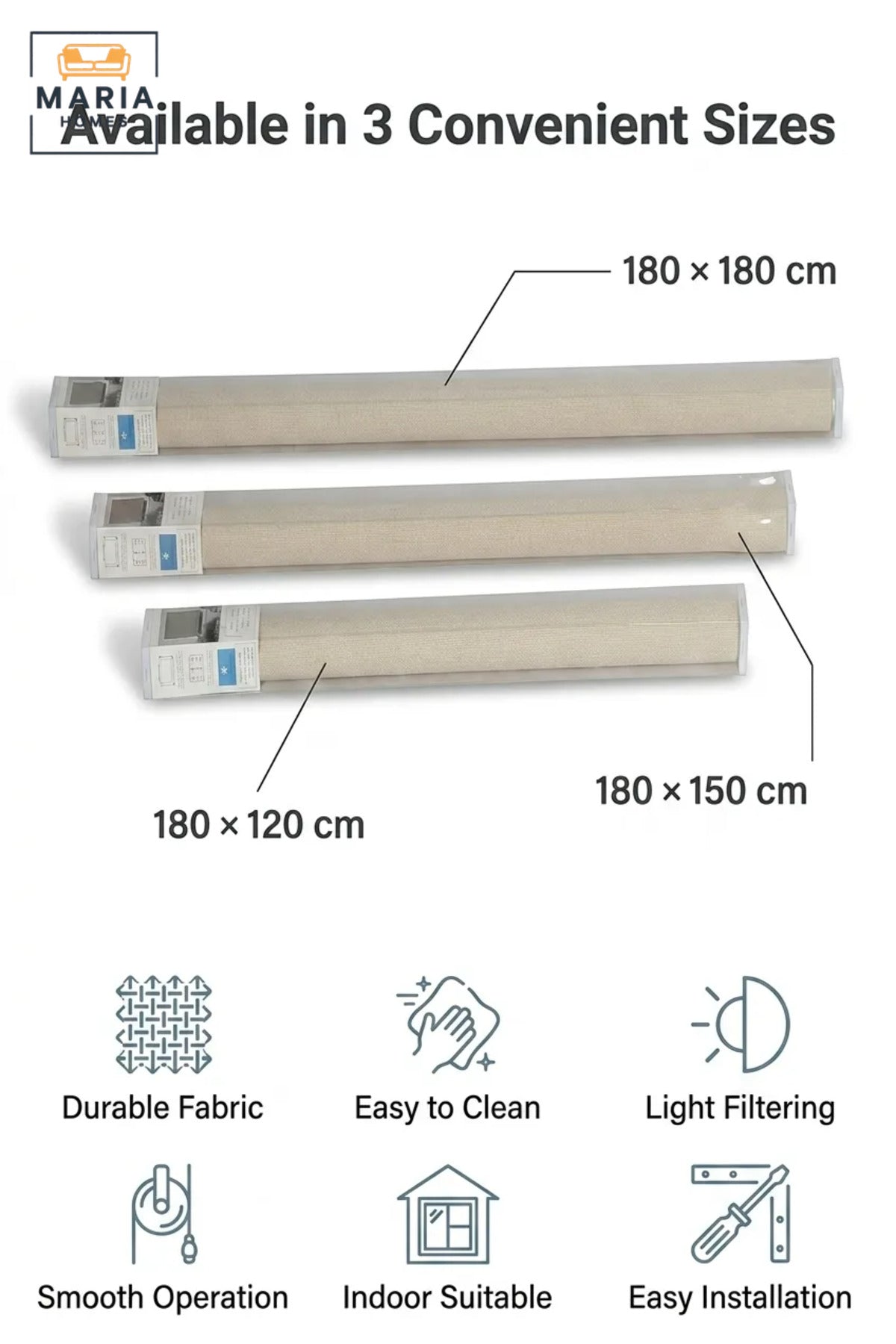 Set of 3 Roller Blinds for Windows, Modern Light Filtering Roll-Up Window Shades in 180 × 120 cm, 180 × 150 cm and 180 × 180 cm for Home and Office