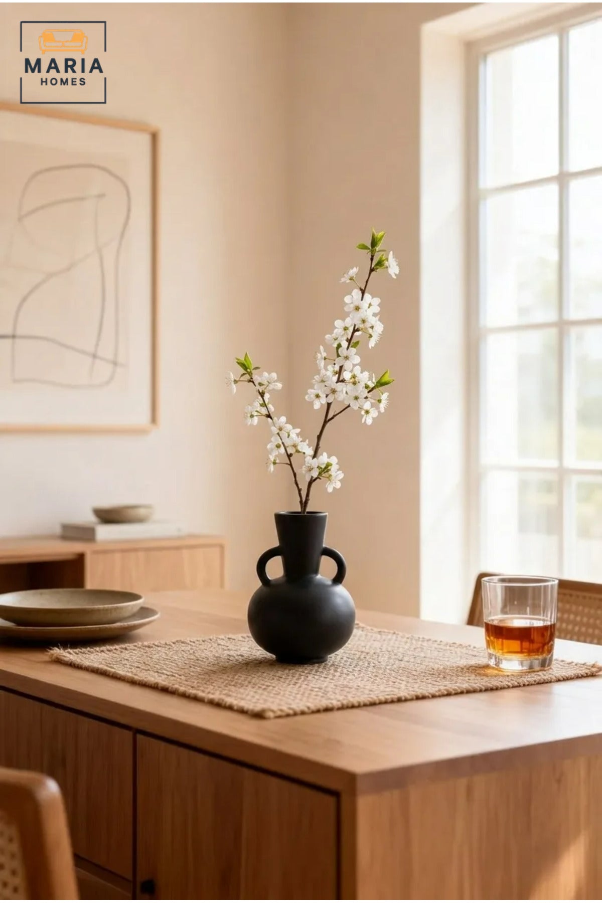 Modern Black Ceramic Decorative Vase with Dual Handle Design, Small Flower Vase for Living Room, Dining Table, Shelf & Home Décor