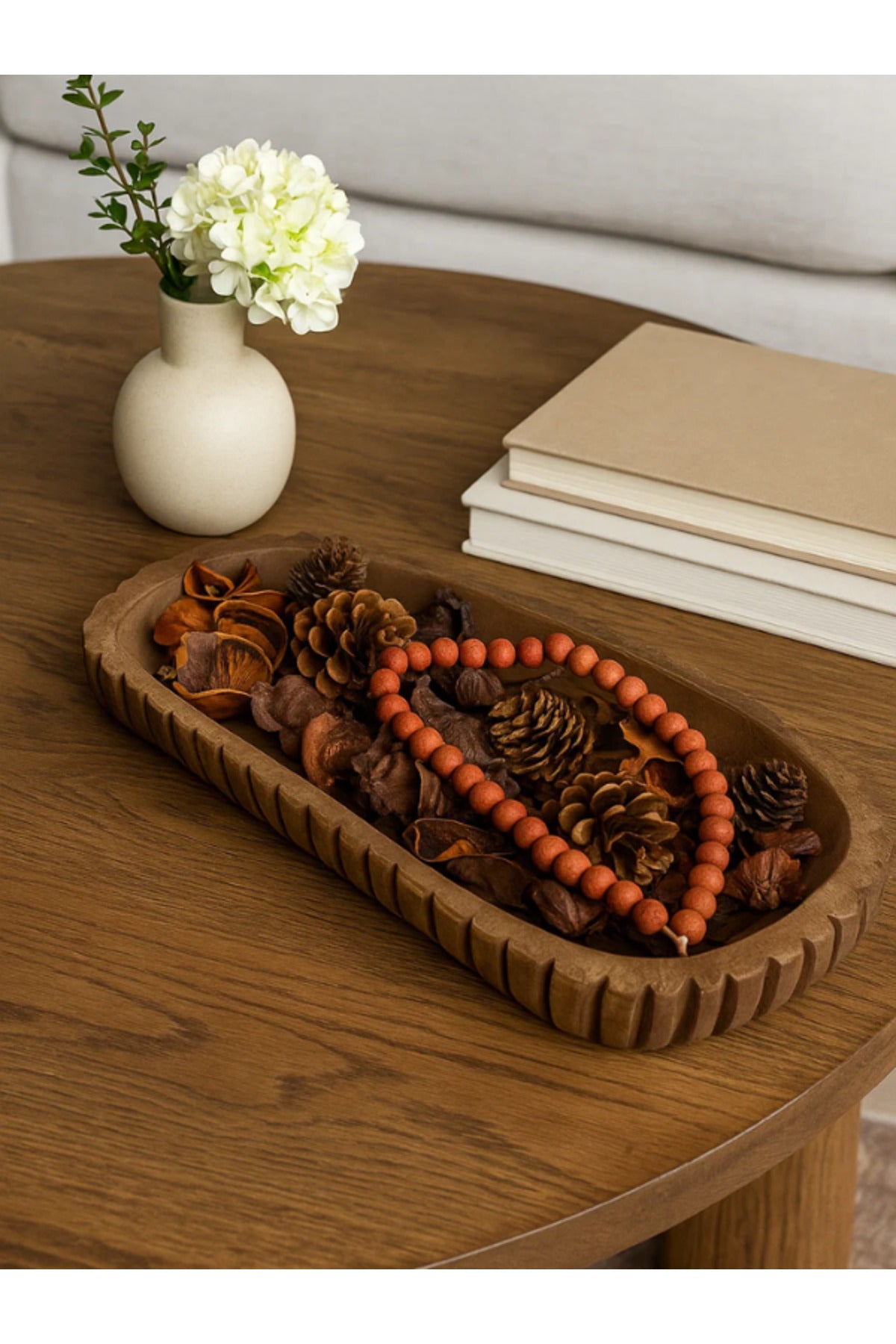 Walnut Wooden Ribbed Decorative Tray Ð Modern Long Table Centerpiece