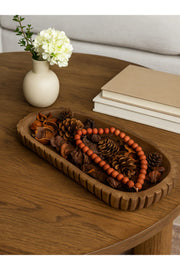 Walnut Wooden Ribbed Decorative Tray Ð Modern Long Table Centerpiece