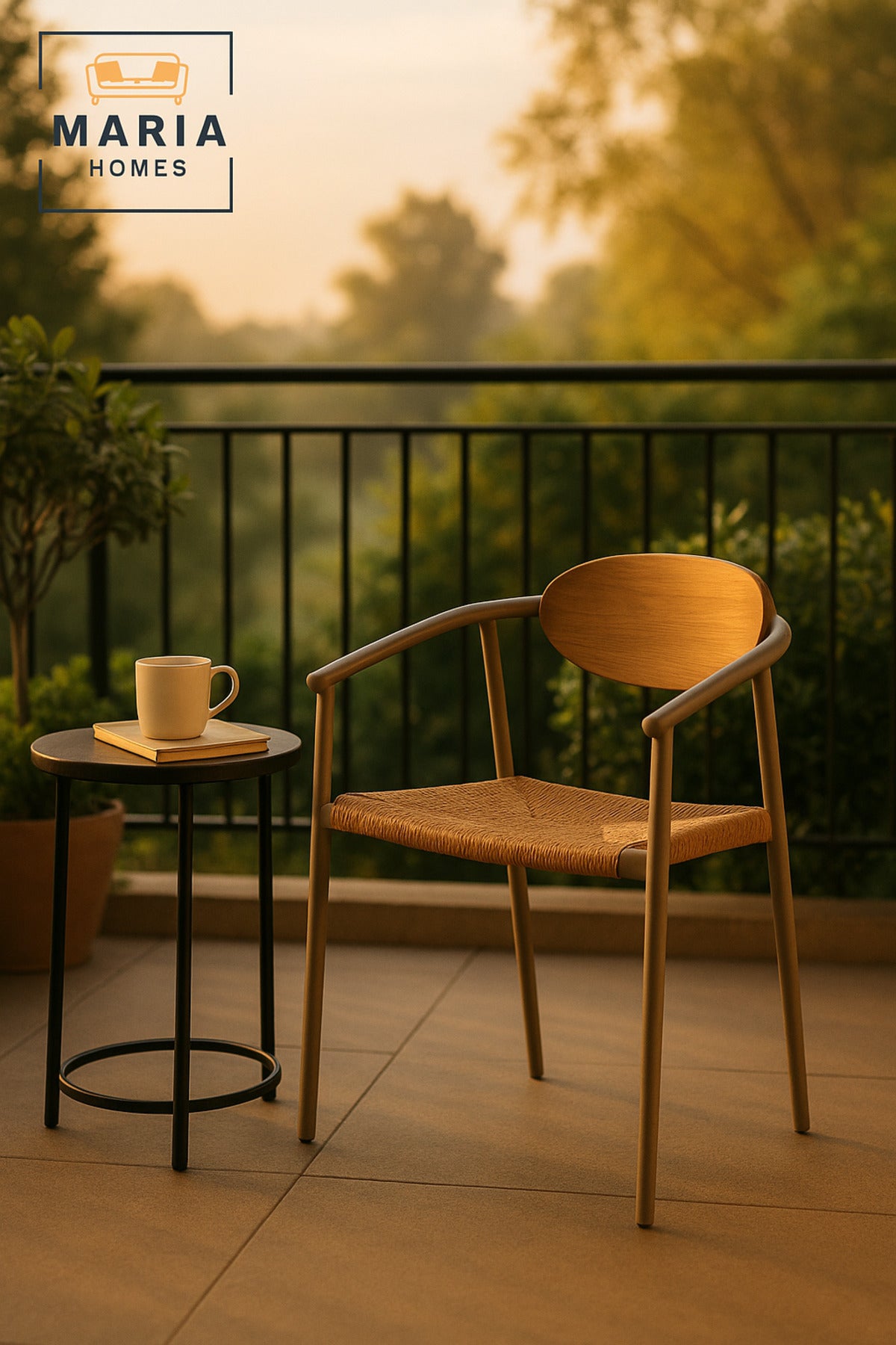 Modern Champagne Garden Chair Ð Wooden Backrest & Woven Seat for Outdoor Dining