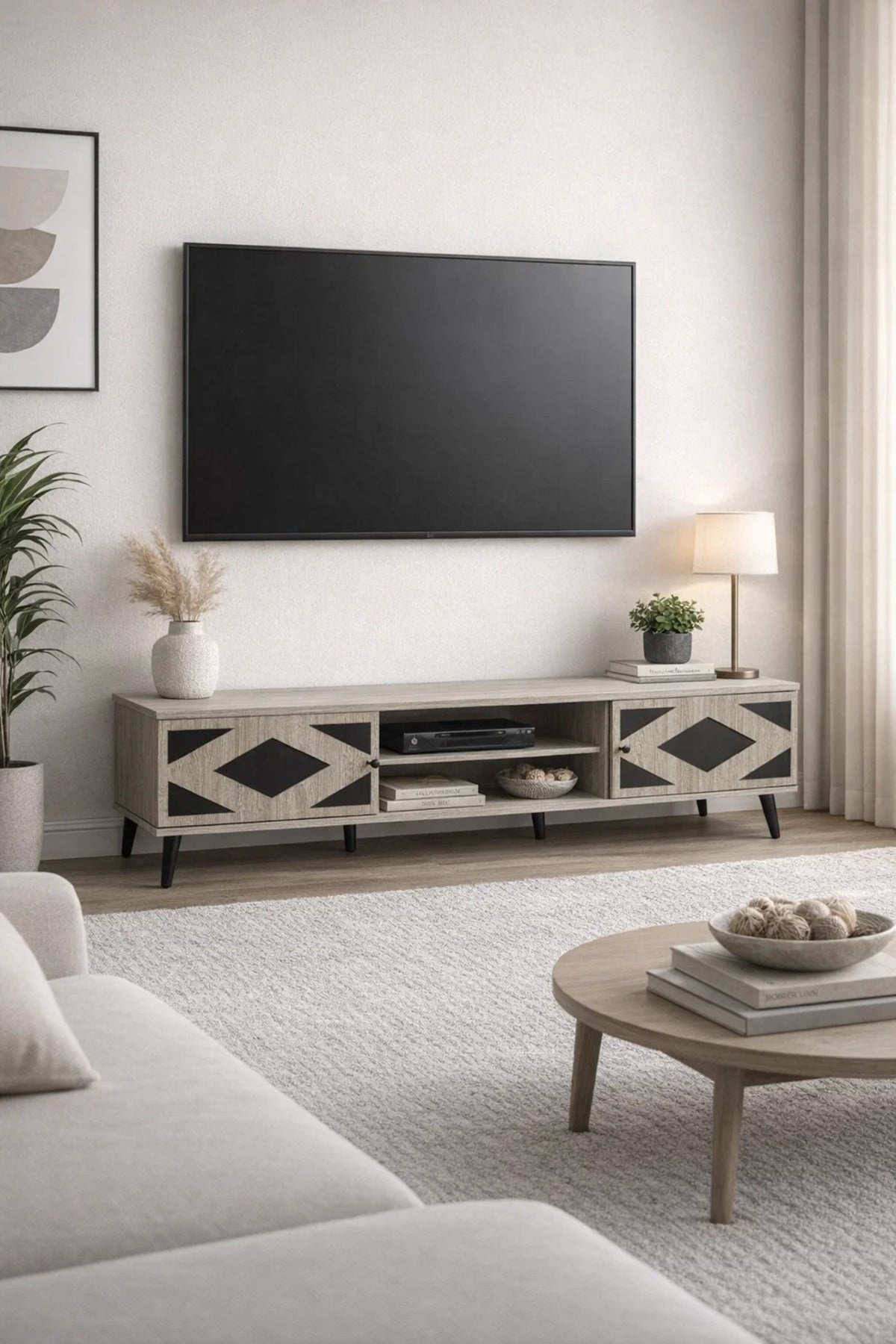 Stylish Beige TV Unit 180cm Modern Media Console with Geometric Storage for Large Living Rooms