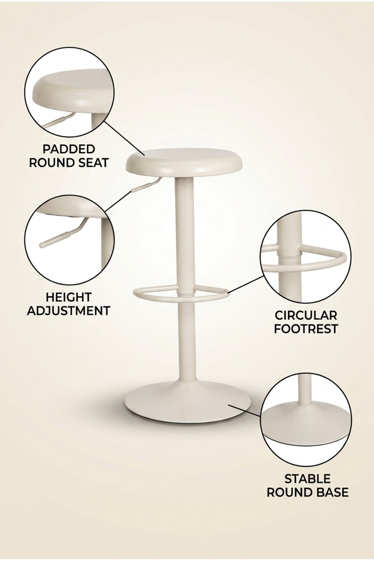 Modern White Adjustable Bar Stool with Round Padded Seat, Footrest & Pedestal Base, Contemporary Counter Stool for Kitchen Island Home Bar Café