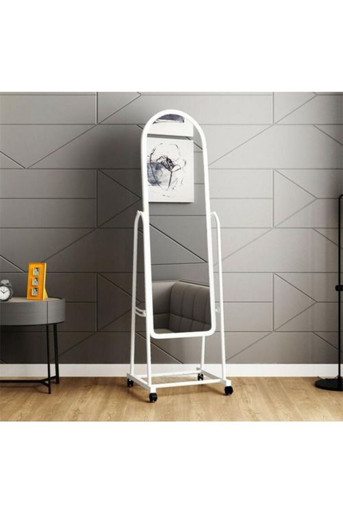 Full-Length White Mirror with Wheels and Storage Rack Standing Dressing Mirror for Bedroom