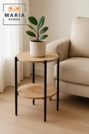 Modern Light Wood Side Table √ê Round Coffee Table with Rattan Storage Shelf 40_40_55 cm
