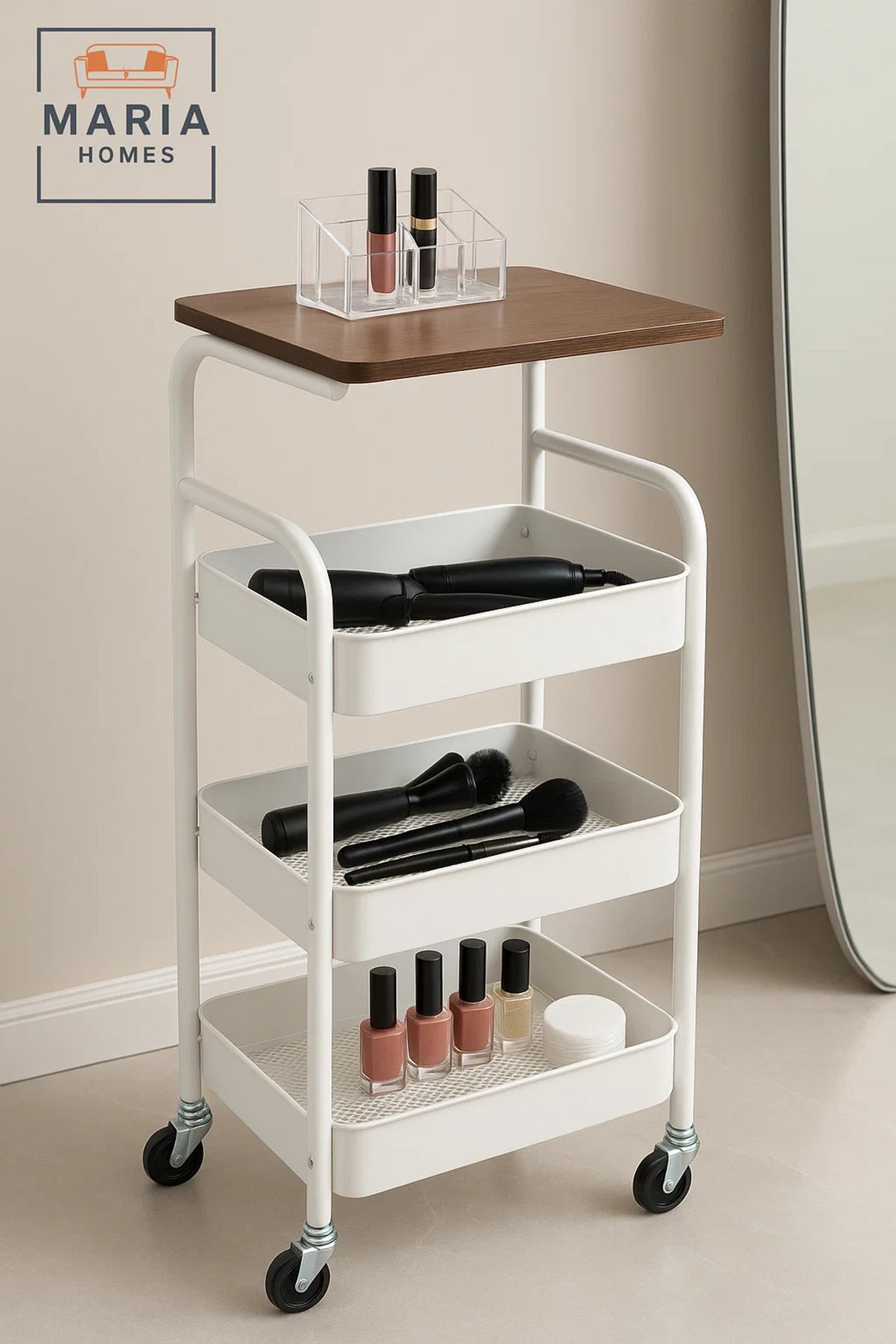 3-Tier Bedside Storage Cart with Wooden Top Ð Rolling Organizer for Bedroom or Living Room