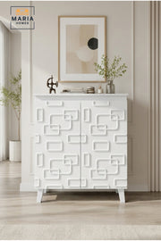 Modern 2 Door Storage Cabinet with Geometric Pattern Ð Decorative Accent Cabinet for Living Room, Bedroom & Entryway