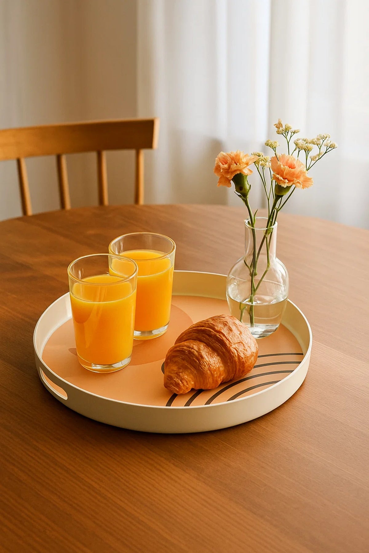 Round Serving Tray with Abstract Peach-Tone Design and Cutout Handles