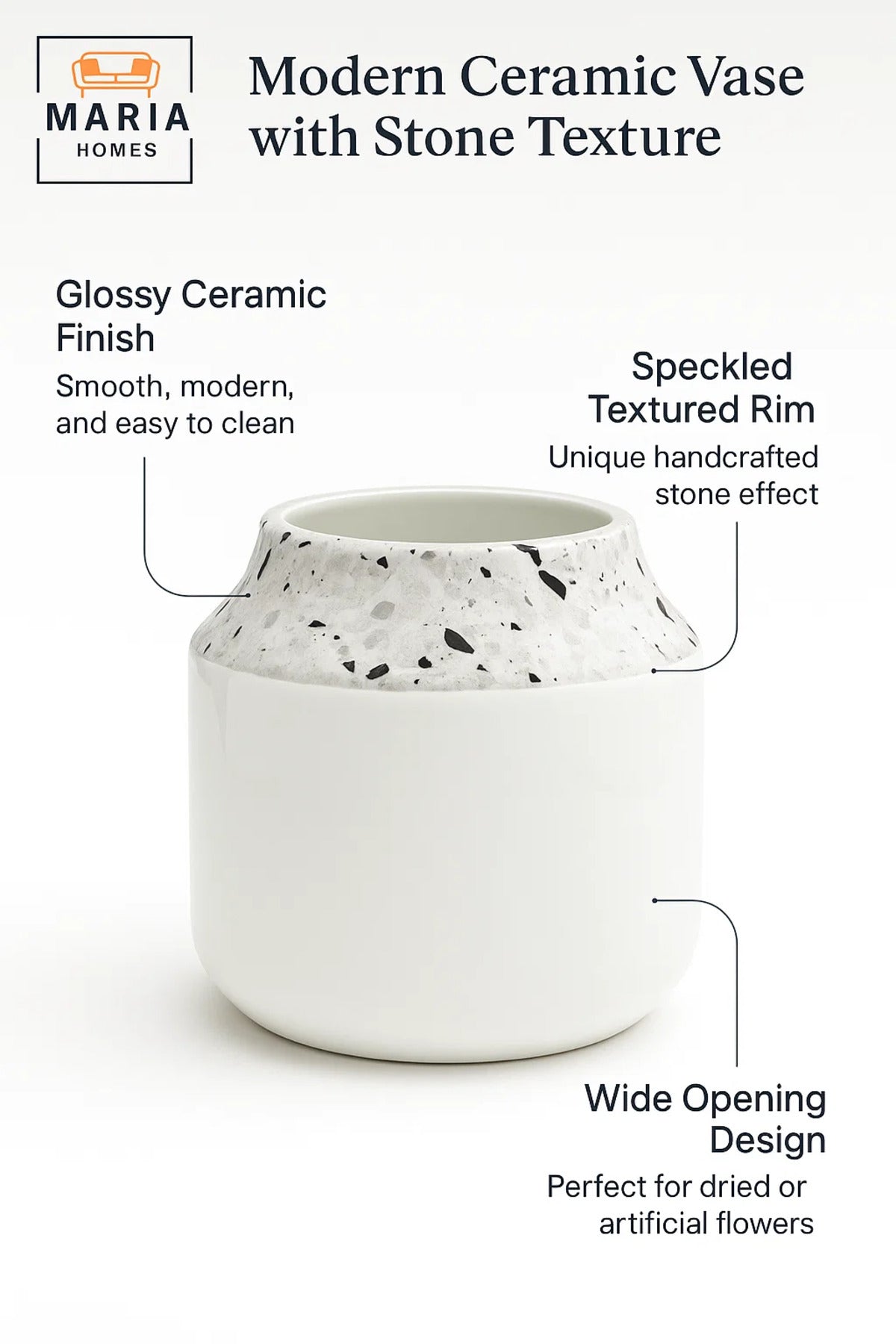 Terrazzo Pattern Ceramic Vase Ð Modern White Decorative Pot with Speckled Stone Effect Neck