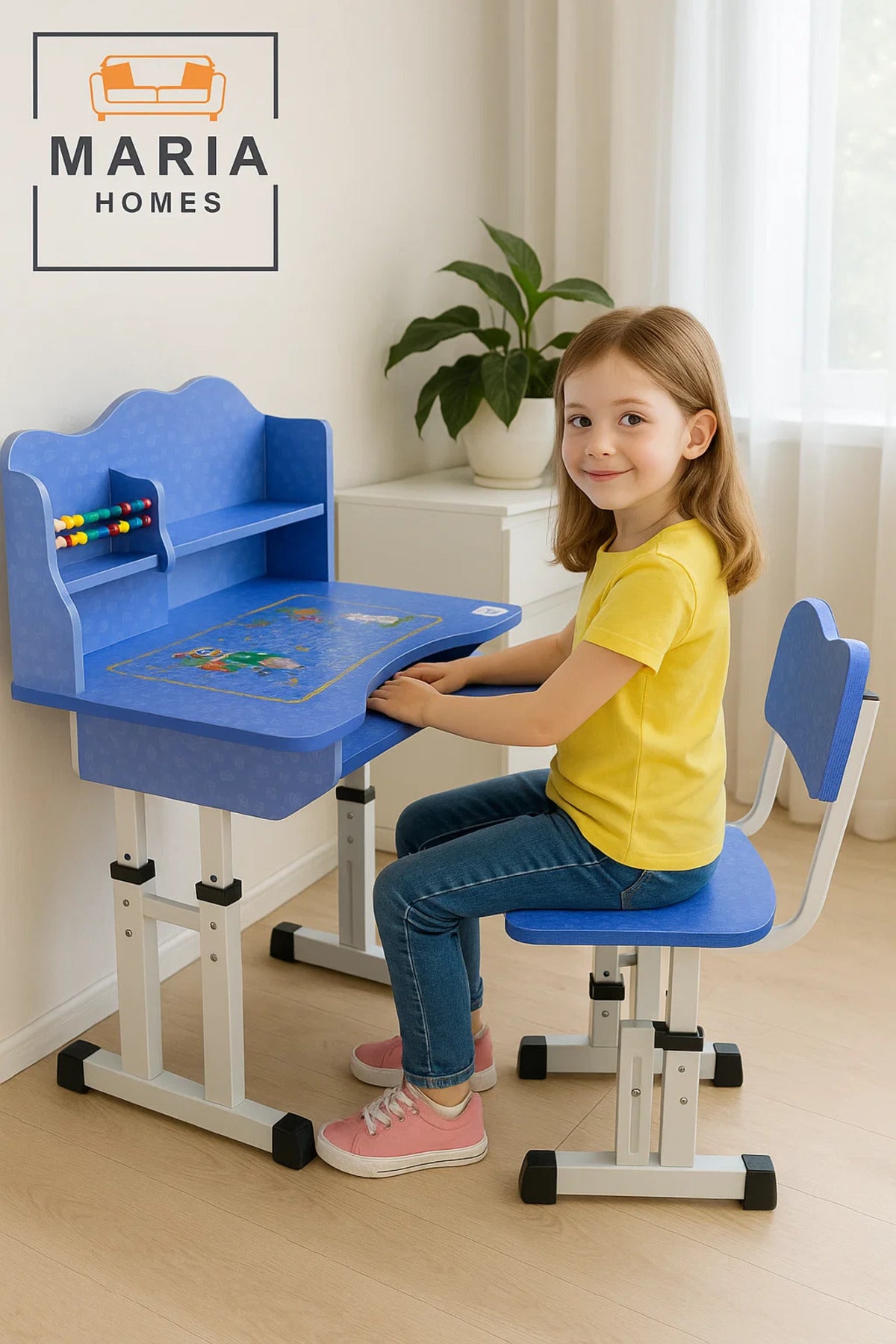 Blue Adjustable Kids Study Desk and Chair Set with Shelf and Abacus