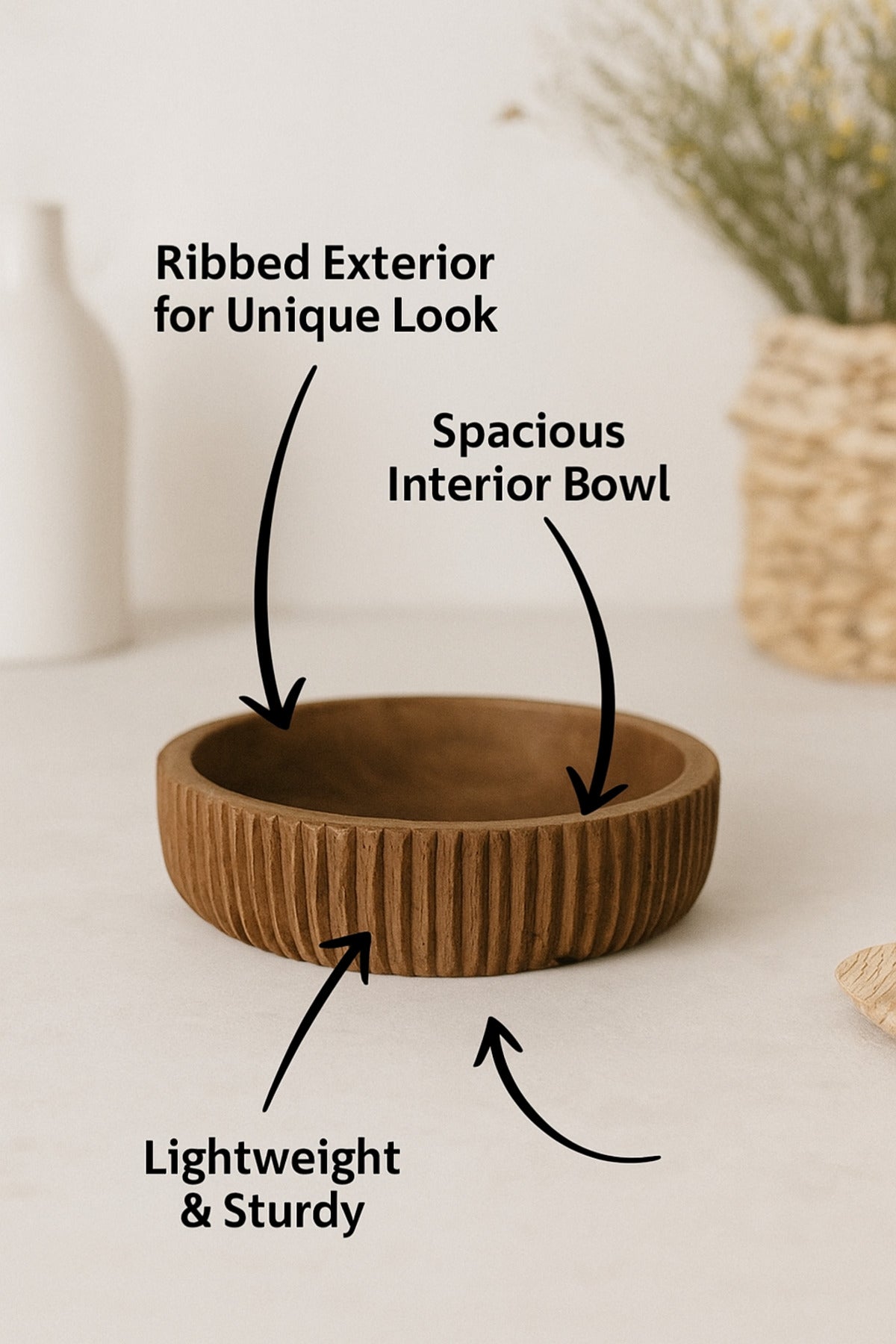 Walnut Wooden Ribbed Decorative Bowl Ð Modern Table Centerpiece