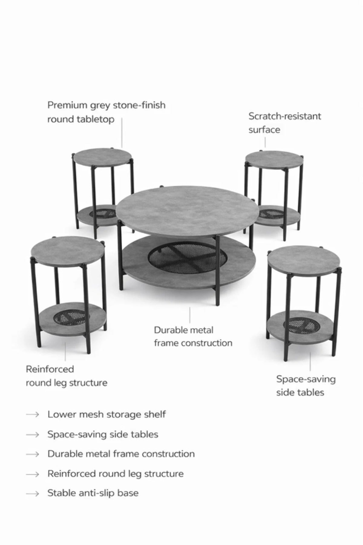 Modern 5-Piece GREY Concrete and Metal Coffee Table Set