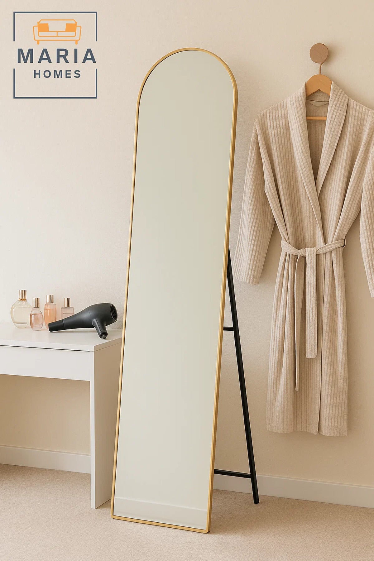 vModern Golden Frame Full-Length Mirror 160x40cm Arched Floor Standing Mirror for Bedroom
