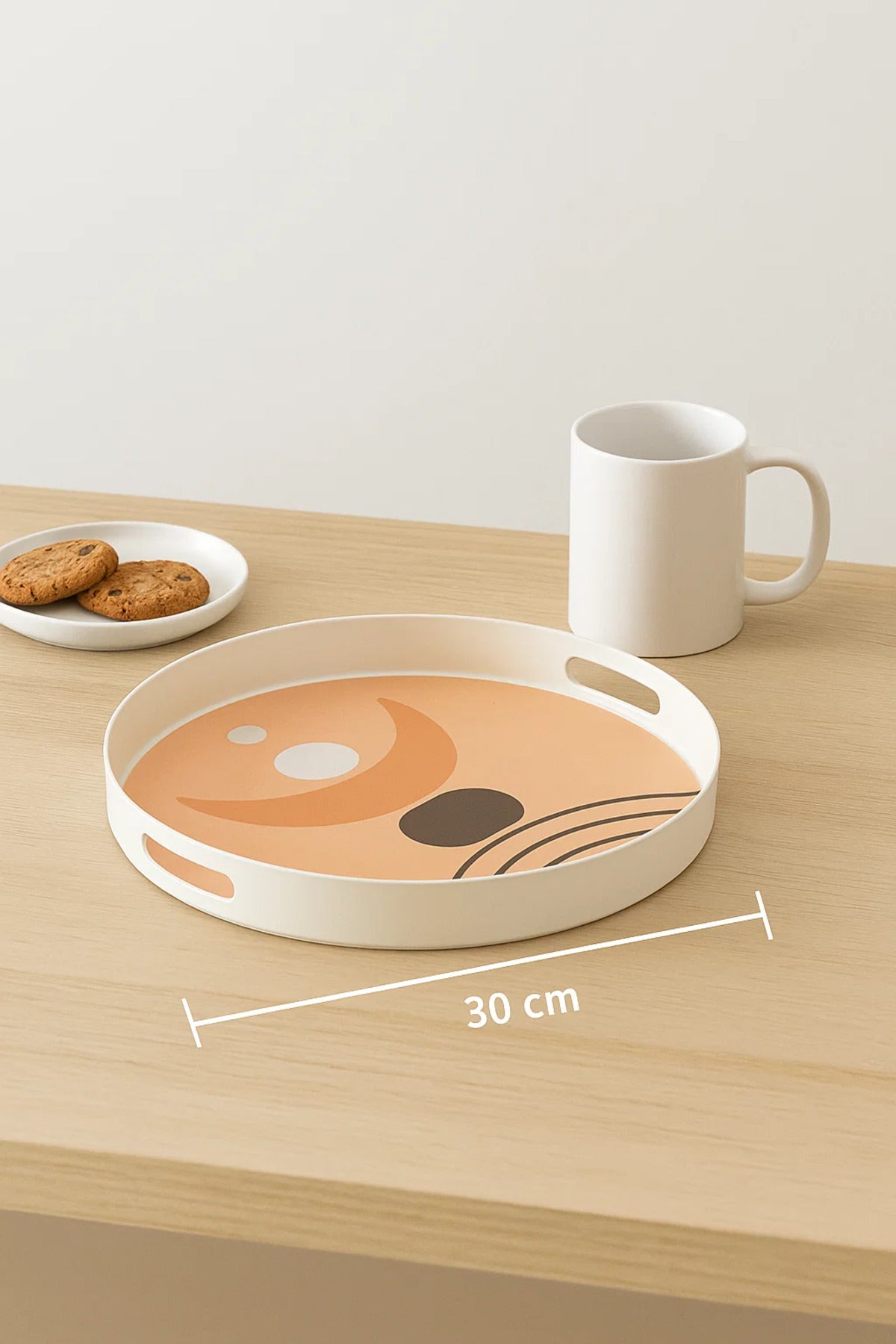 Round Serving Tray with Abstract Peach-Tone Design and Cutout Handles