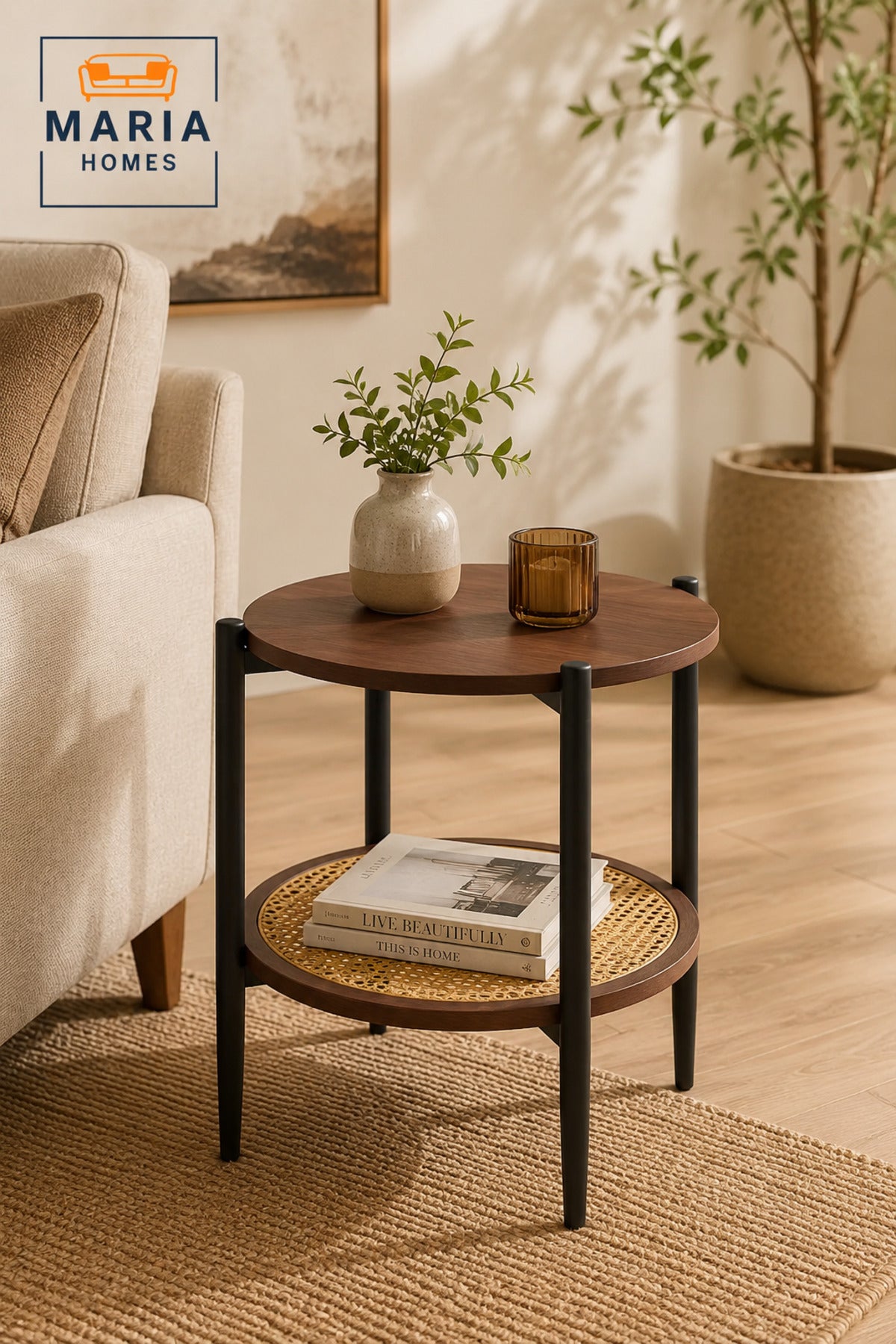Modern Coffee Brown Side Table √ê Round Coffee Table with Rattan Storage Shelf 45_45_55 cm