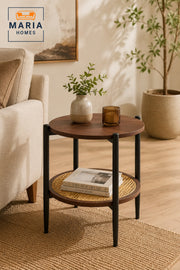 Modern Coffee Brown Side Table √ê Round Coffee Table with Rattan Storage Shelf 45_45_55 cm