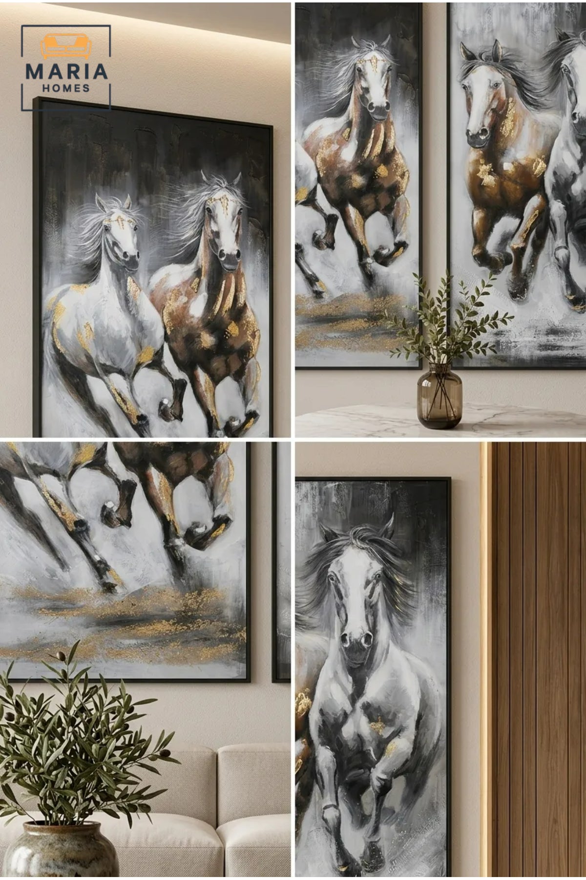 Luxury Running Horse Framed Wall Art Set of 2 √ê Modern Equestrian Painting for Living Room, Bedroom, Hallway & Office D≈Ωcor
