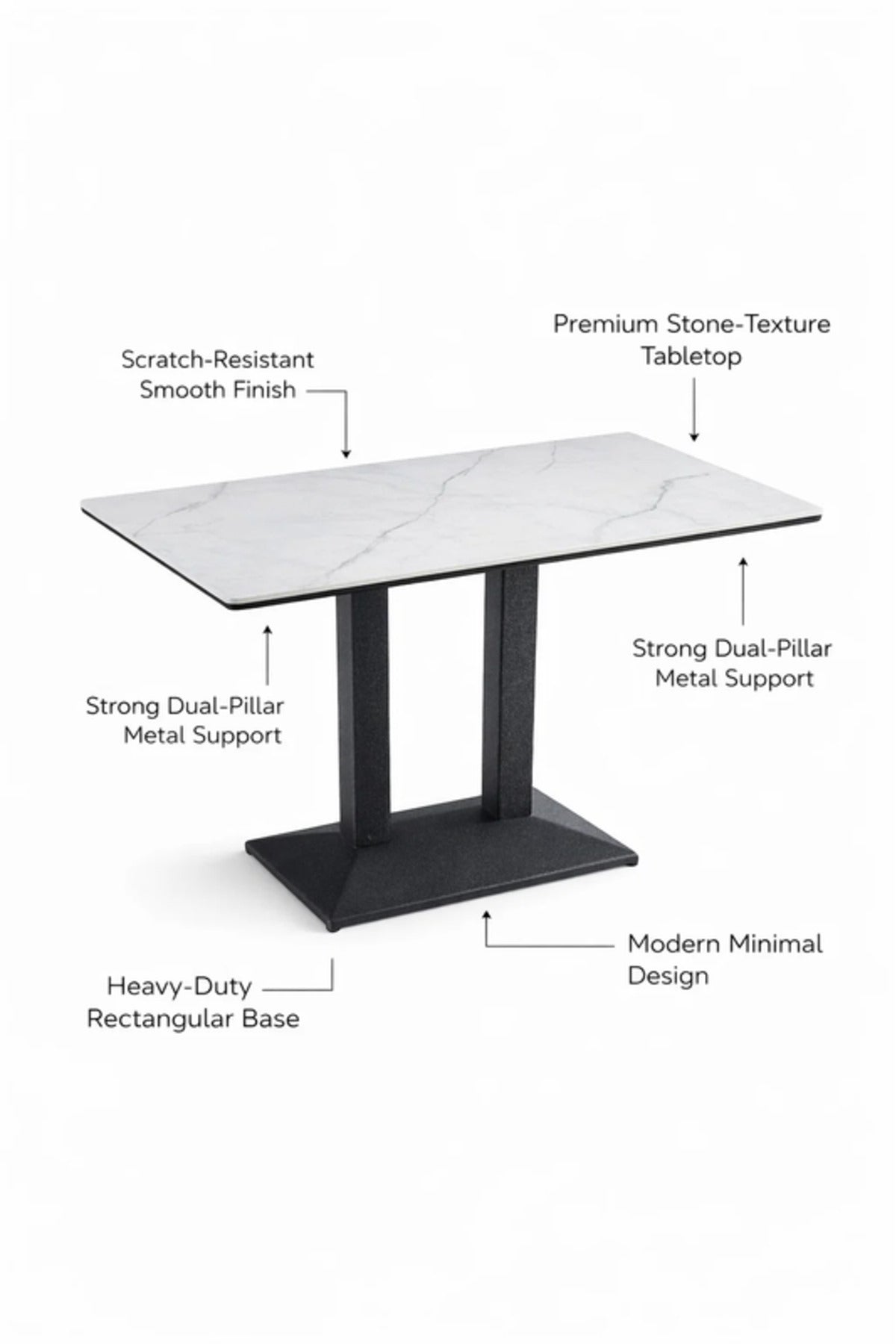 Modern Rectangular Dining Table with White Marble-Effect Top & Black Metal Base