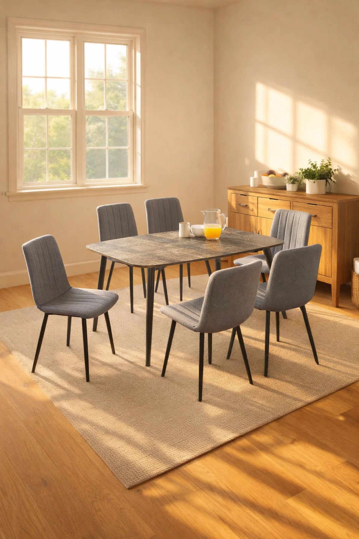 Stylish 7 Piece Dining Room Set Grey Stone Look Table 6 Fabric Chairs Metal Legs 150x90cm