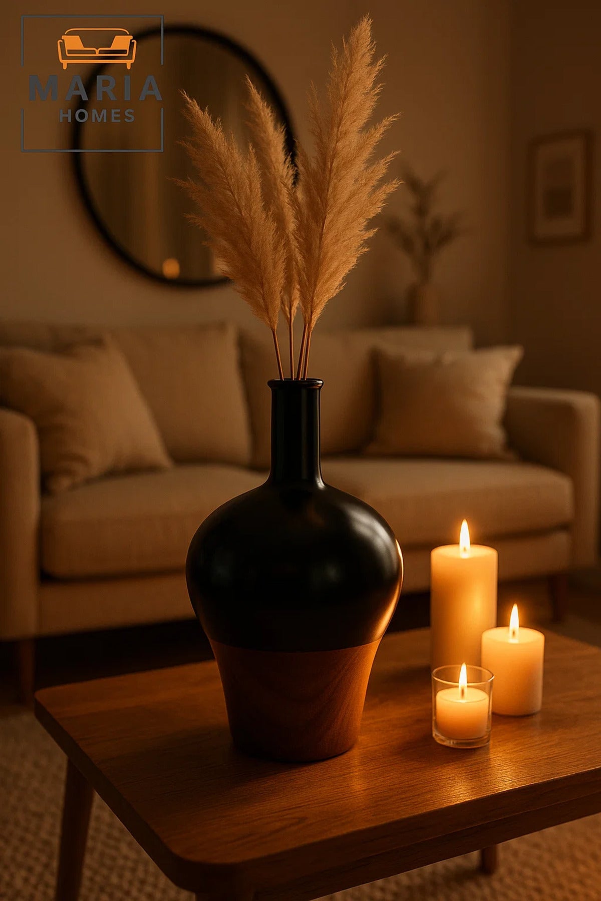 Glossy Black and Wood Finish Ceramic Vase Ð Modern Decorative Flower Pot with Bottle Shape Design