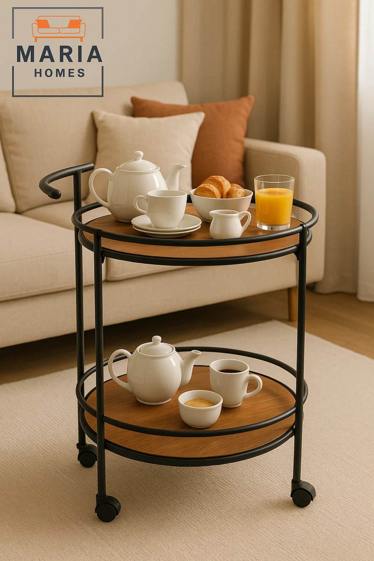 Round 2-Tier Wooden Serving Trolley with Black Metal Frame and Wheels