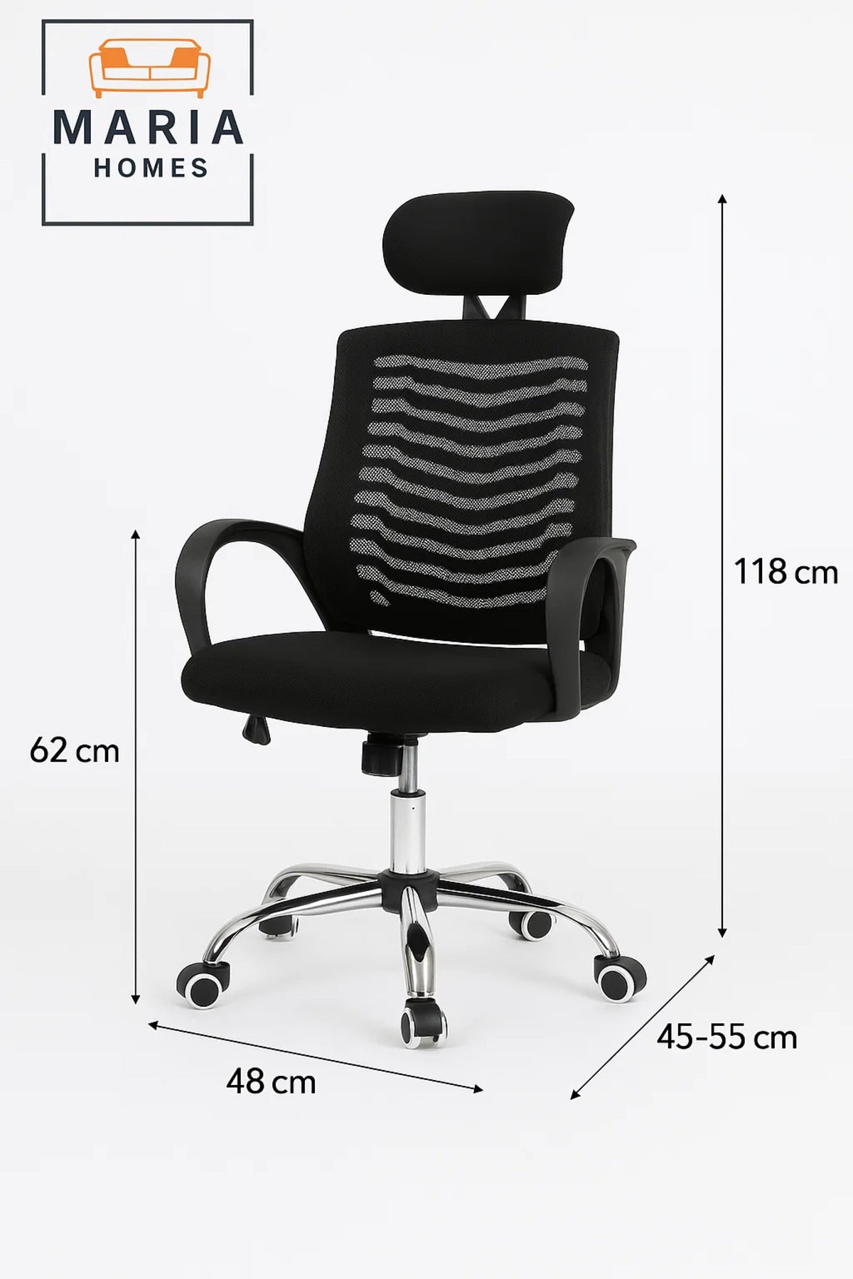 Black Mesh Office Chair with Headrest and Curved Armrests Ð Breathable and Ergonomic Seating