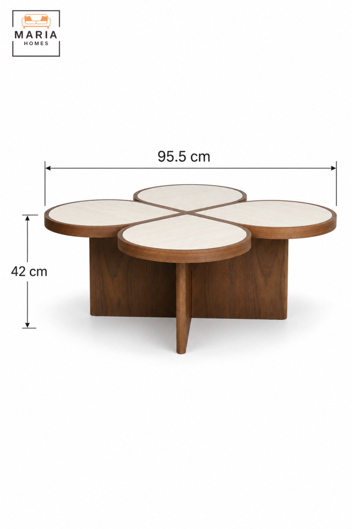 Modern Flower-Shaped Coffee Table with 4 Round Petal Tops, Wood Finish Base and Contemporary Design for Living Room & Lounge – 95.5 × 42 CM