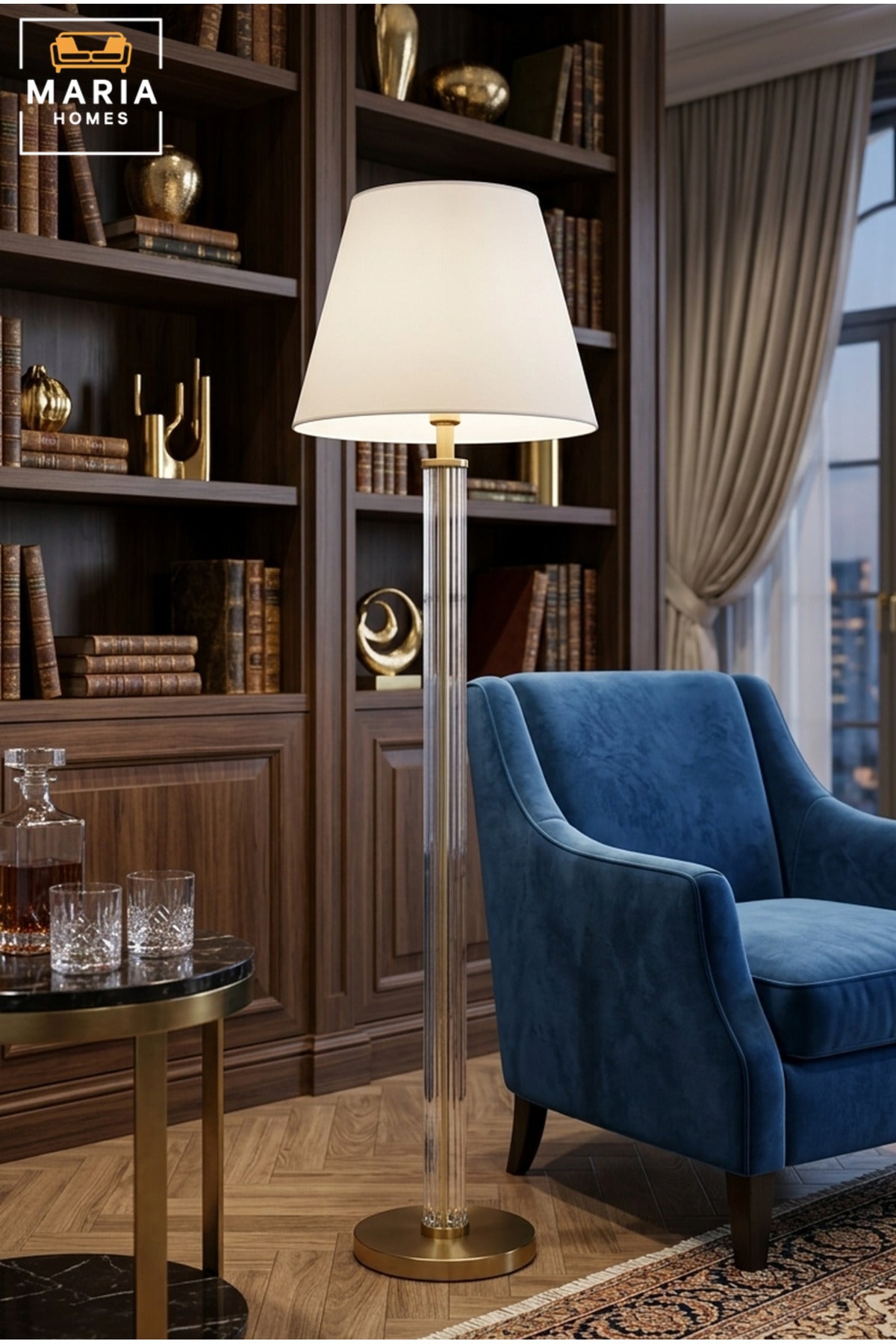 Modern Clear Glass Floor Lamp with Textured Column, Gold Accents, Fabric Shade and Round Base Elegant Standing Light for Living Room Bedroom and Office