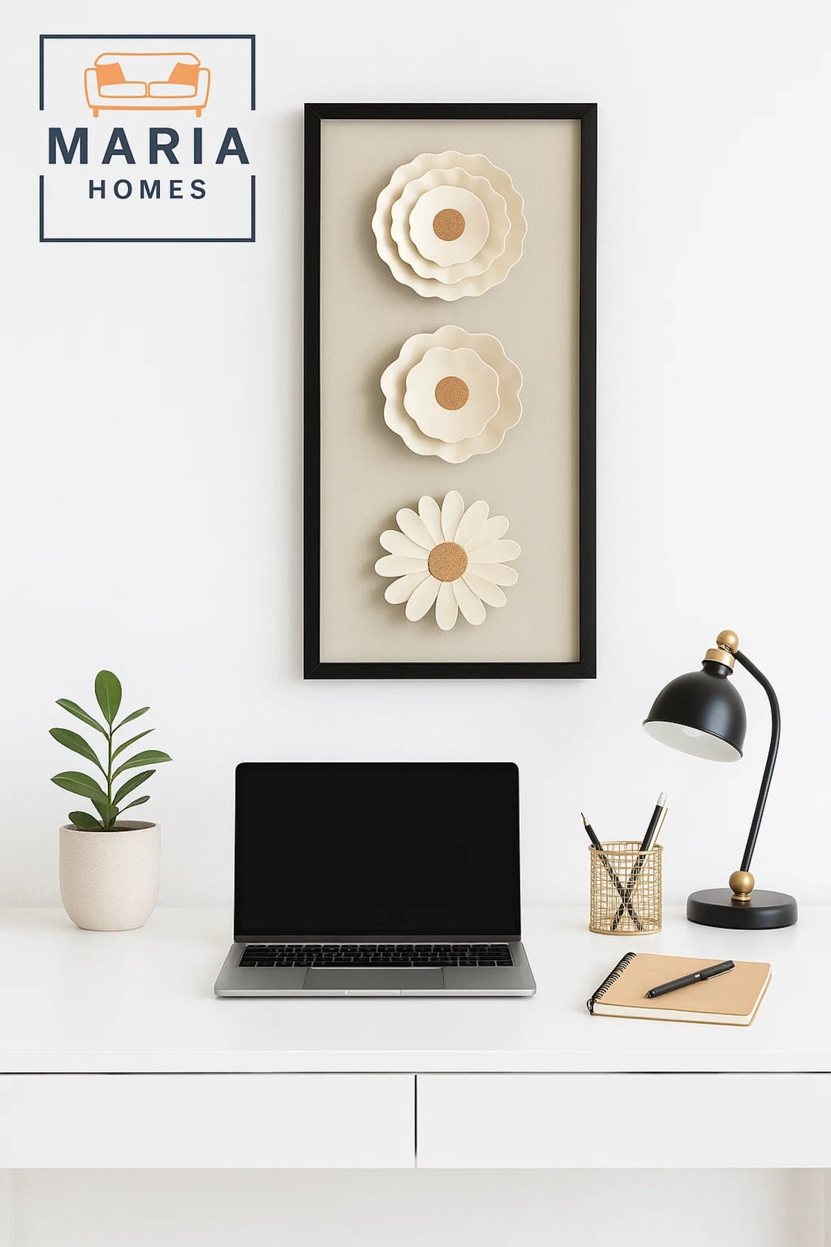 Framed 3D Floral Wall Art with Triple White Blooms on Linen Background-size 35*80*3 CM