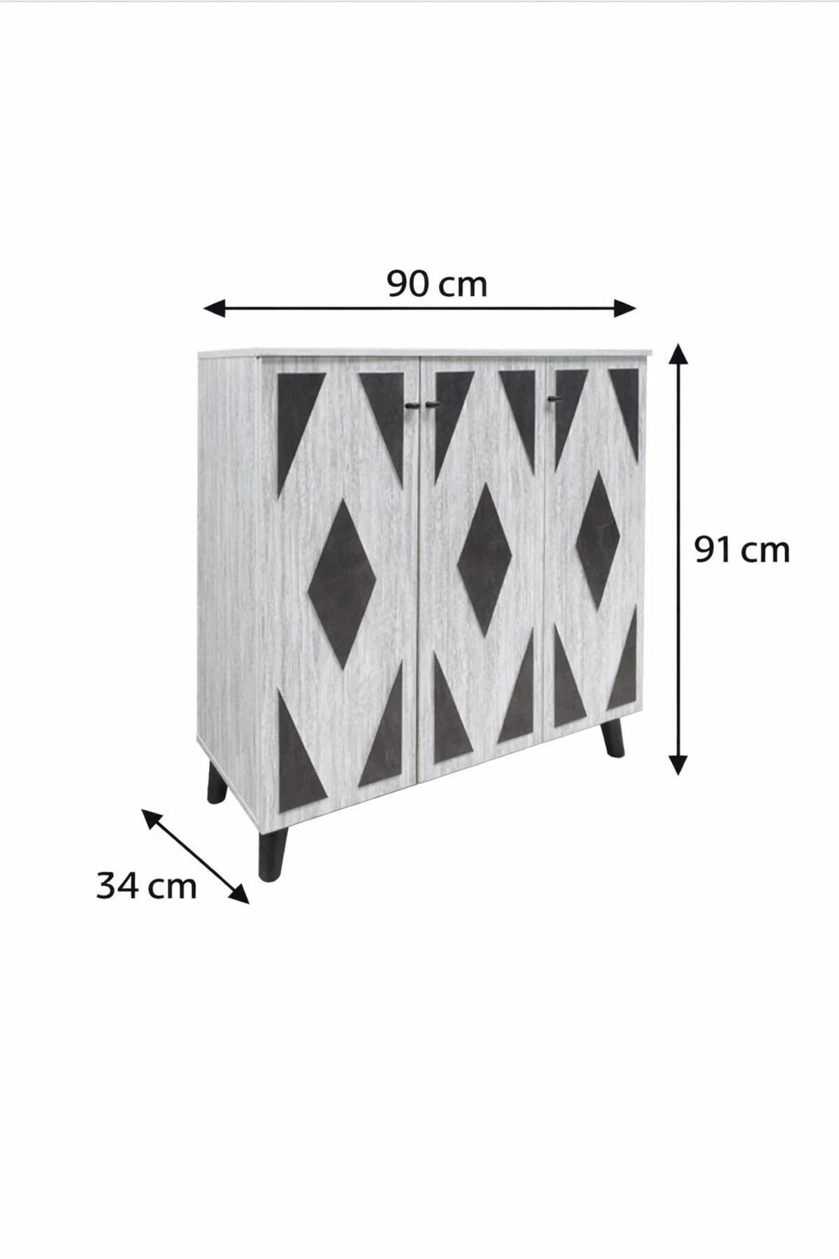 Modern 3-Door Shoe Cabinet with Geometric Pattern Grey Wood Finish for Stylish Home Entryway Decor