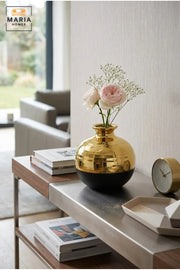 Modern Decorative Flower Vase with Gold-Tone Finish, Rounded Body and Contrasting Base for Living Room, Bedroom, Office, Shelf and Console Décor