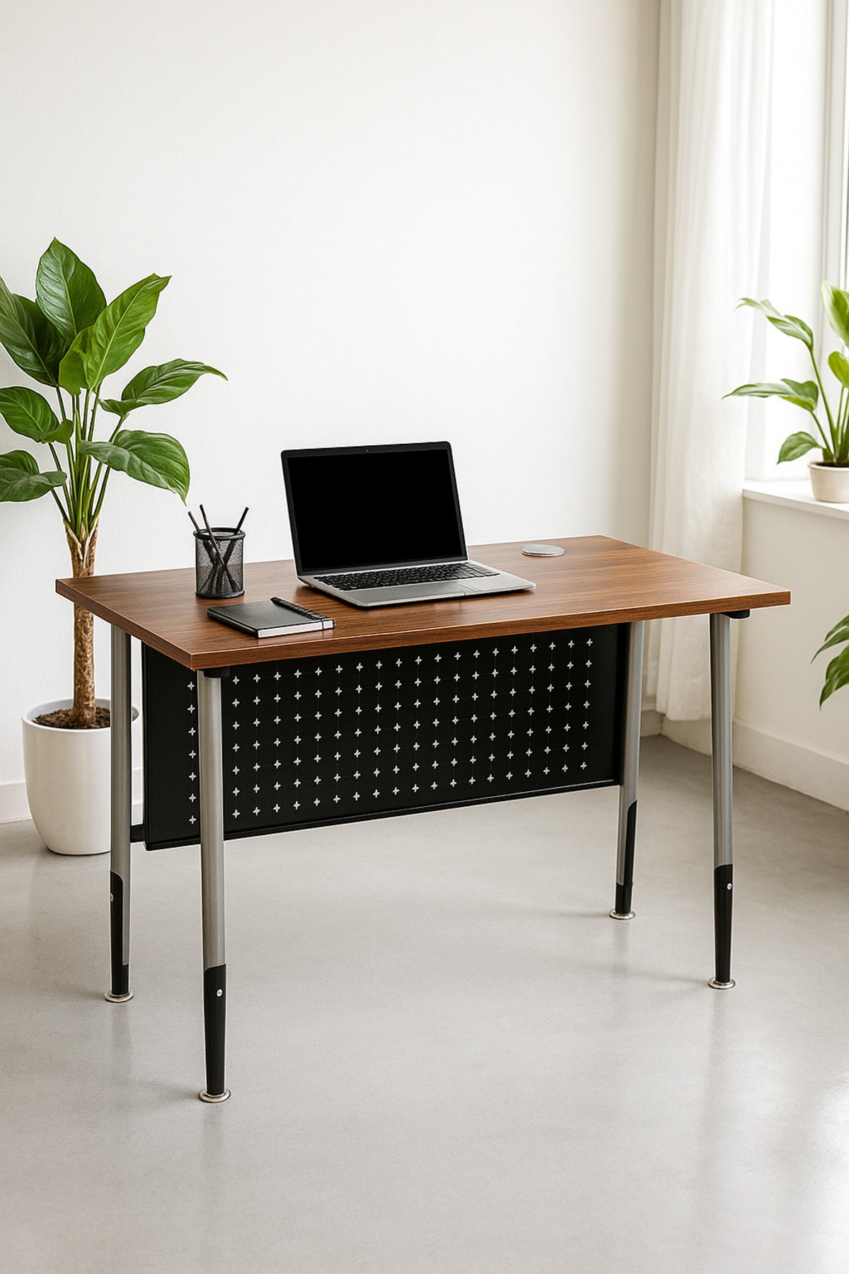 Dark Wood Office Desk 120_60_75 cm Ð Modern Workstation Table with Metal Frame and Cable Grommet