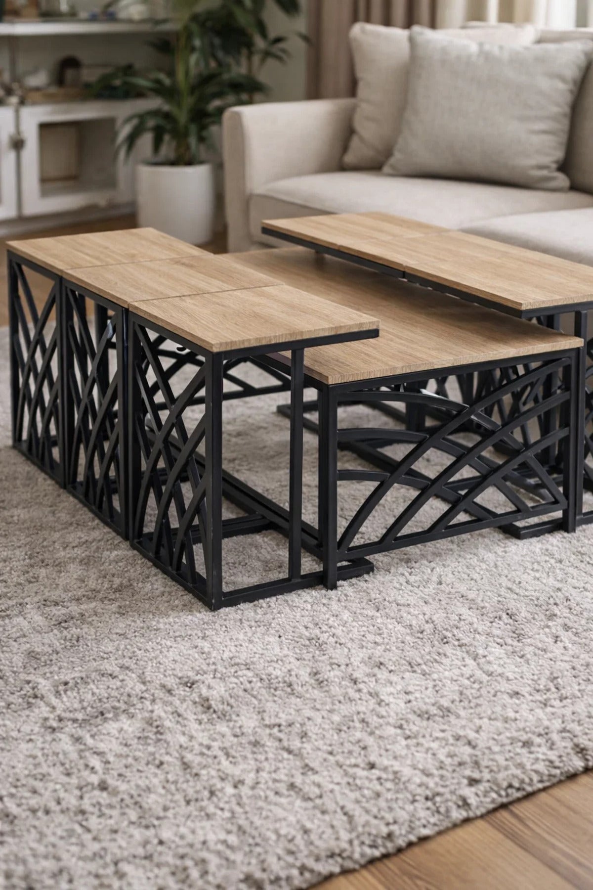 Modern Wood Coffee Table Set with 6 Side Tables 130 × 70 45 cm modern wood coffee