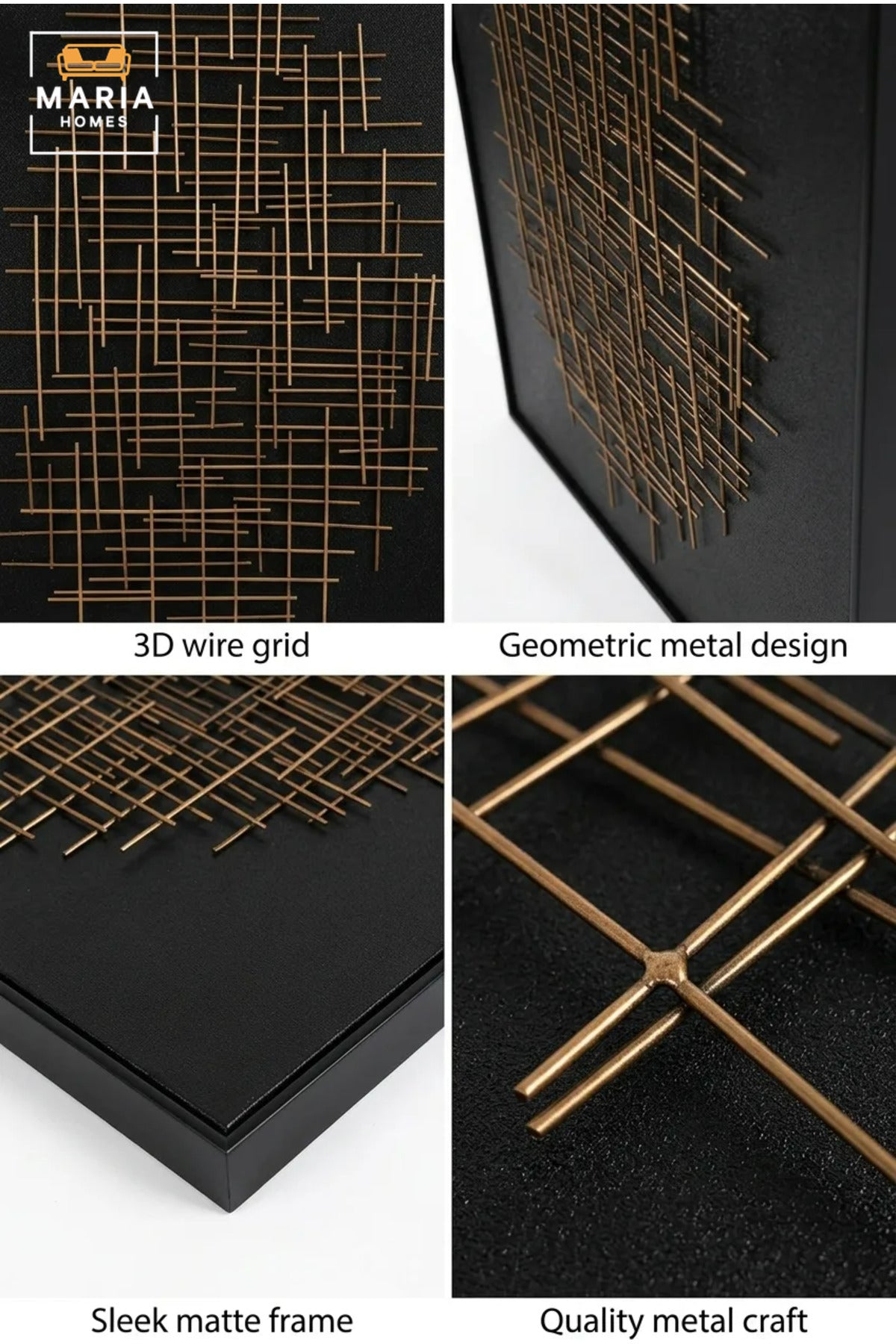 Modern Abstract Wall Art with Slim Black Frame, Gold Linear Geometric Design on Black Canvas for Living Room, Bedroom, Hallway and Office Décor