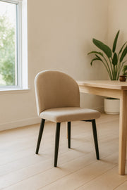 Beige Fabric Dining Chair Modern Upholstered Curved Back Chair with Black Metal Legs for Dining Room