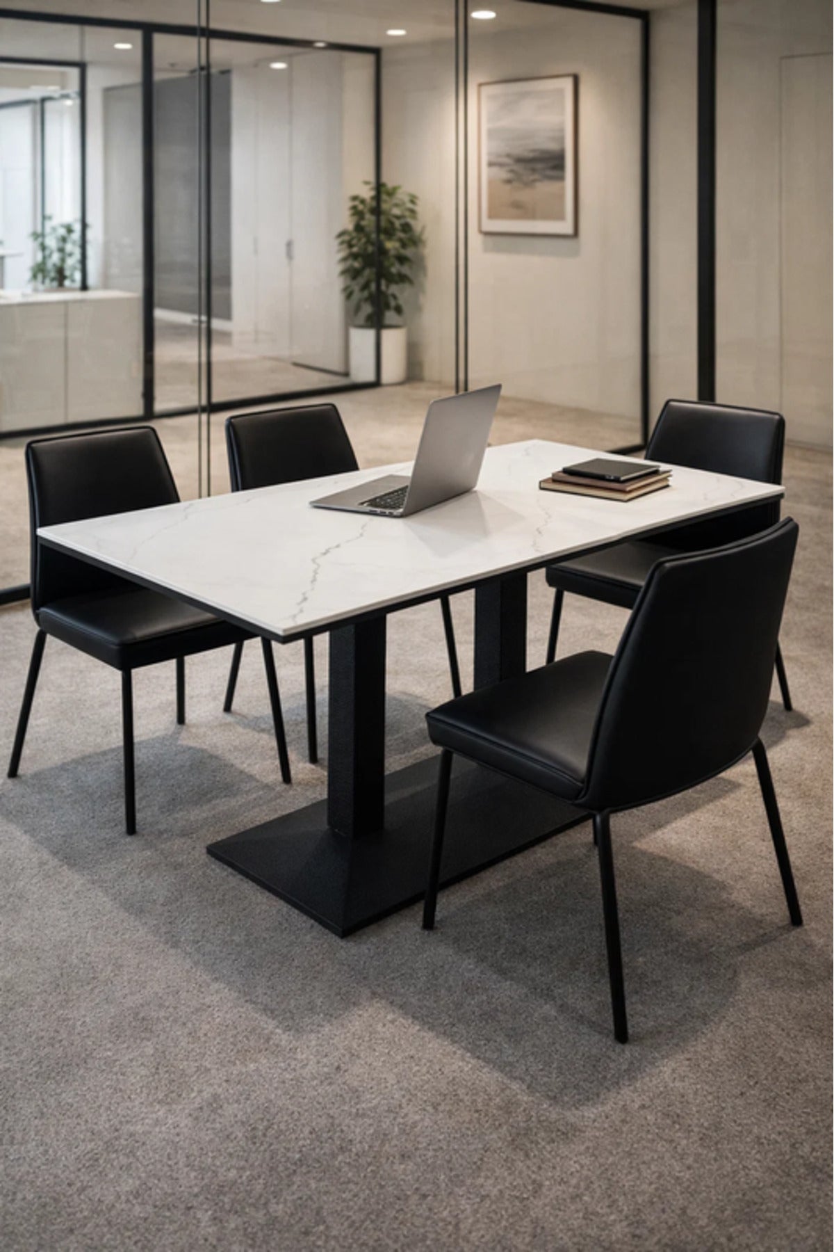 Modern Rectangular Dining Table with White Marble-Effect Top & Black Metal Base
