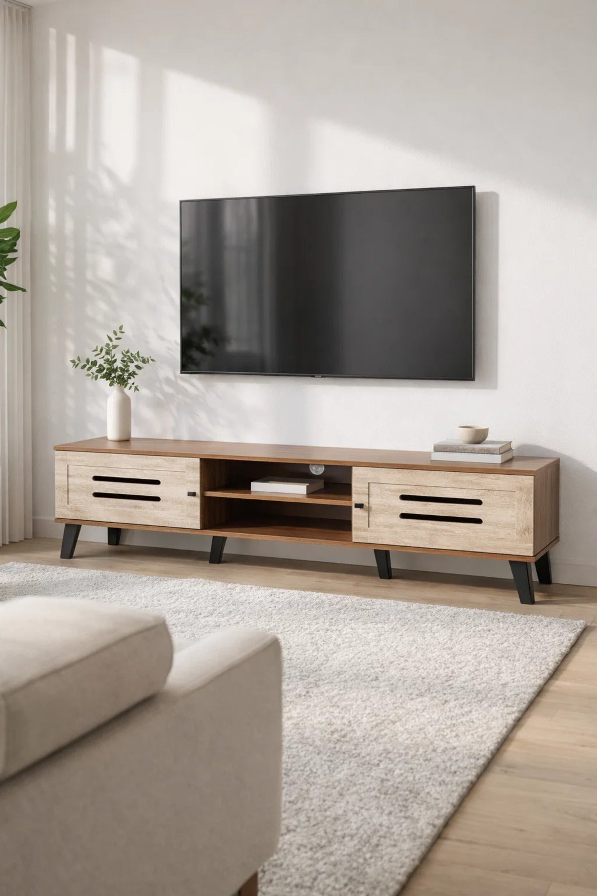 Modern Wooden TV Stand Dark Brown with Beige Front Panels 160 x 40 x 43 cm