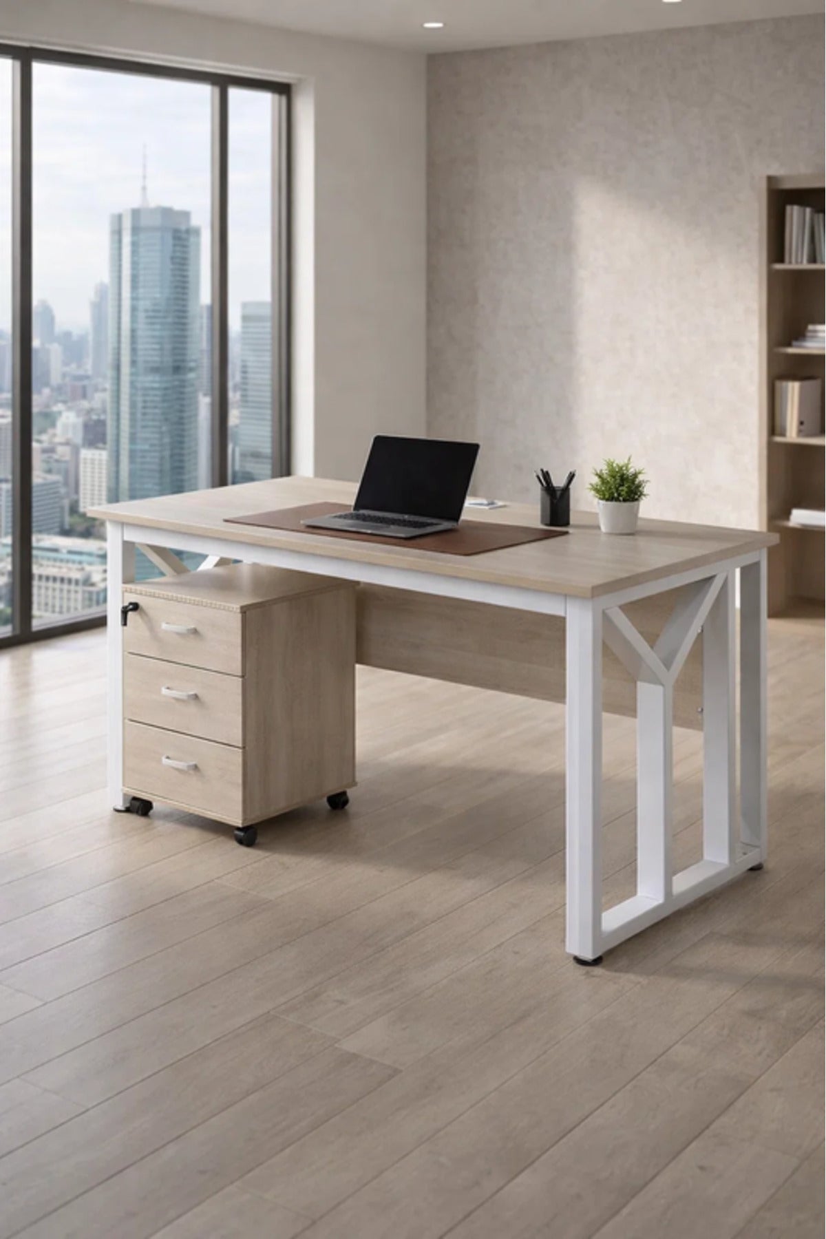 Modern Wood Desk with White Metal Frame & Rolling Drawer