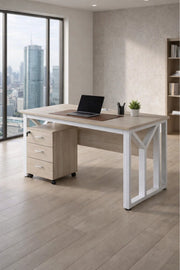 Modern Wood Desk with White Metal Frame & Rolling Drawer