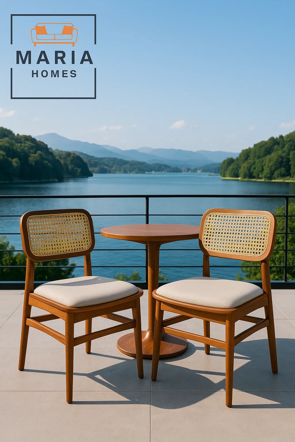 Wooden Dining Chair with Cane Backrest and Beige Upholstered Seat Ð Vintage Rattan Accent Chair