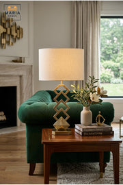 Modern Geometric Gold Table Lamp with White Drum Fabric Shade and Open Sculptural Base for Bedroom, Living Room, Office, Hotel and Bedside Décor