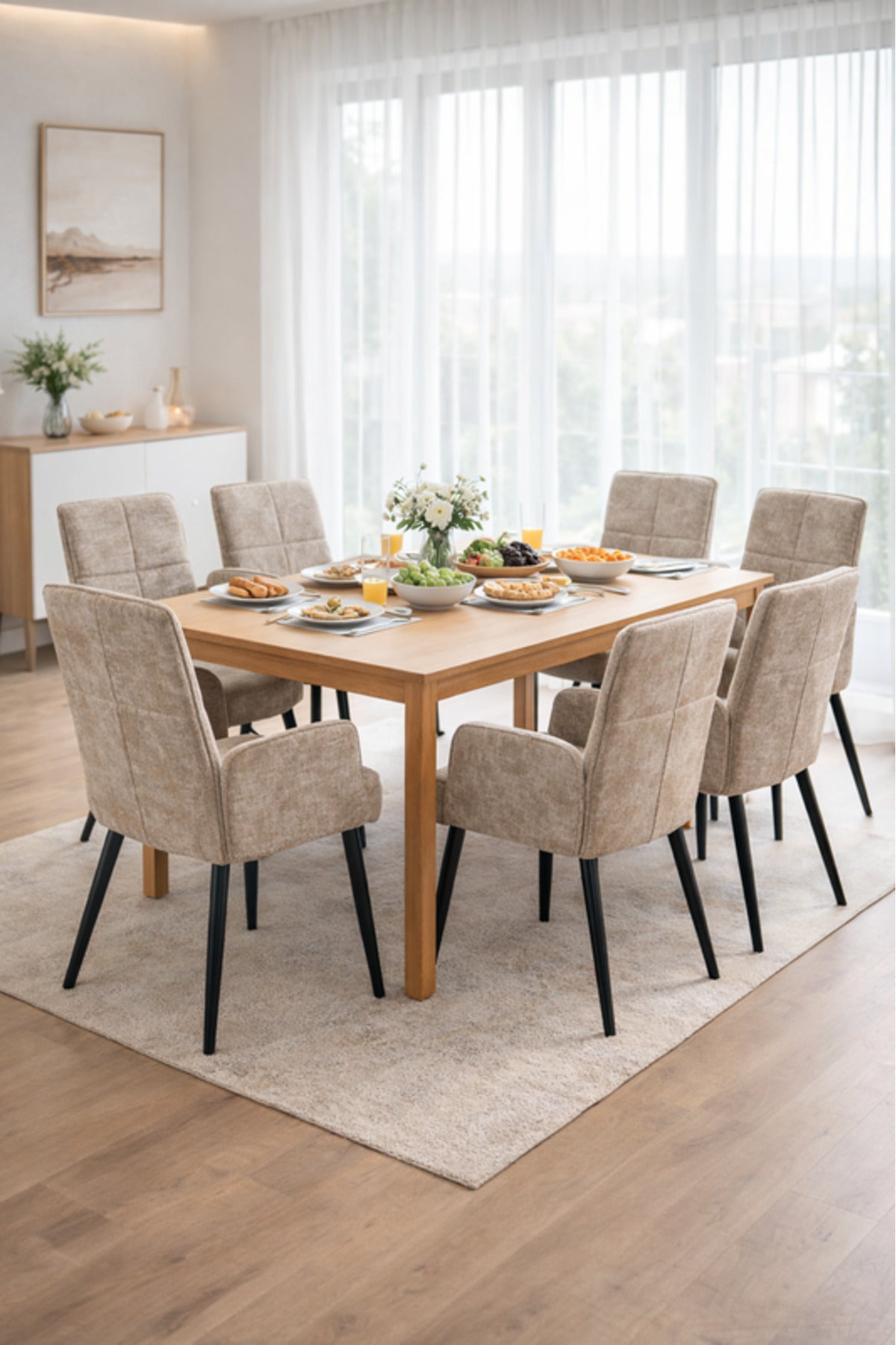 Dark Beige Upholstered Dining Chair with Armrests and Metal Legs 96x49x46cm dark beige