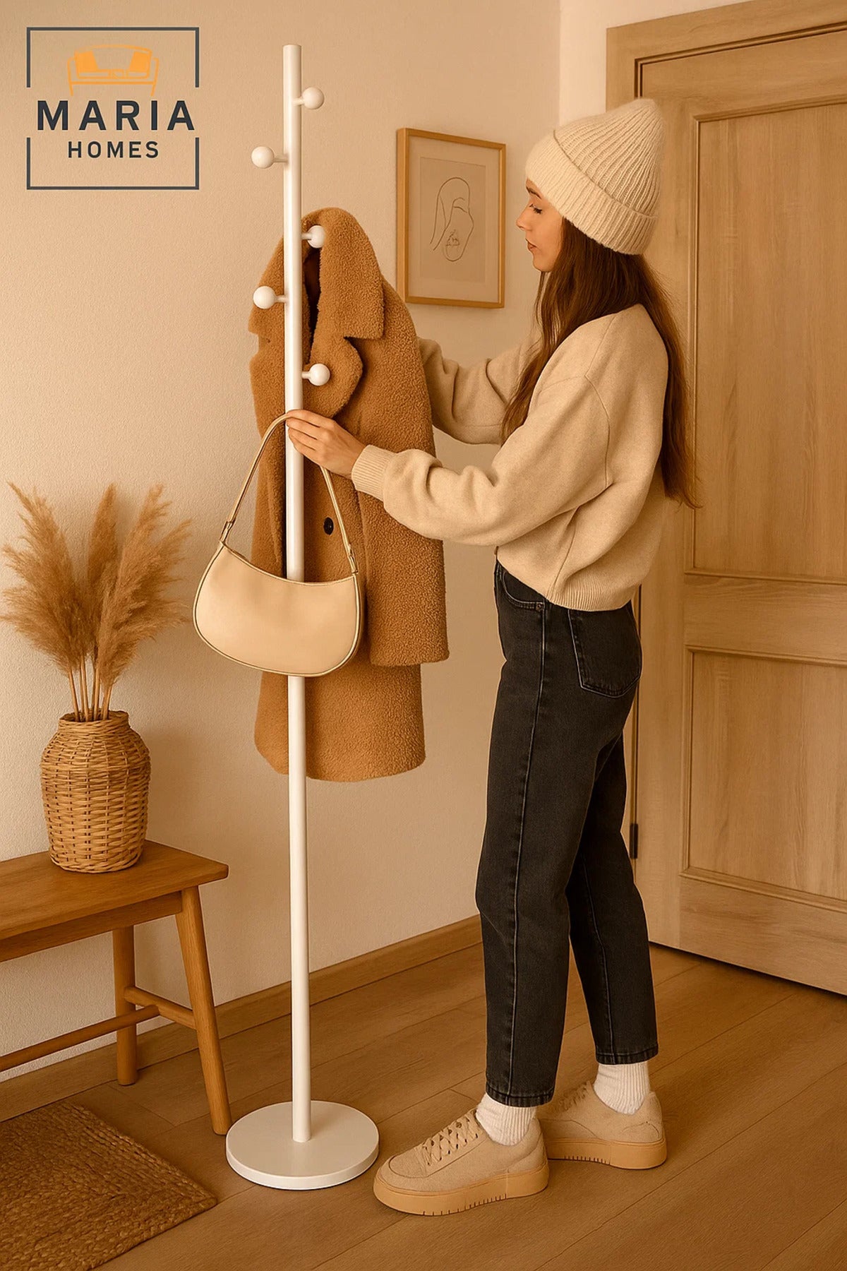 White Minimalist Coat Rack with Rounded Hooks and Marble Base