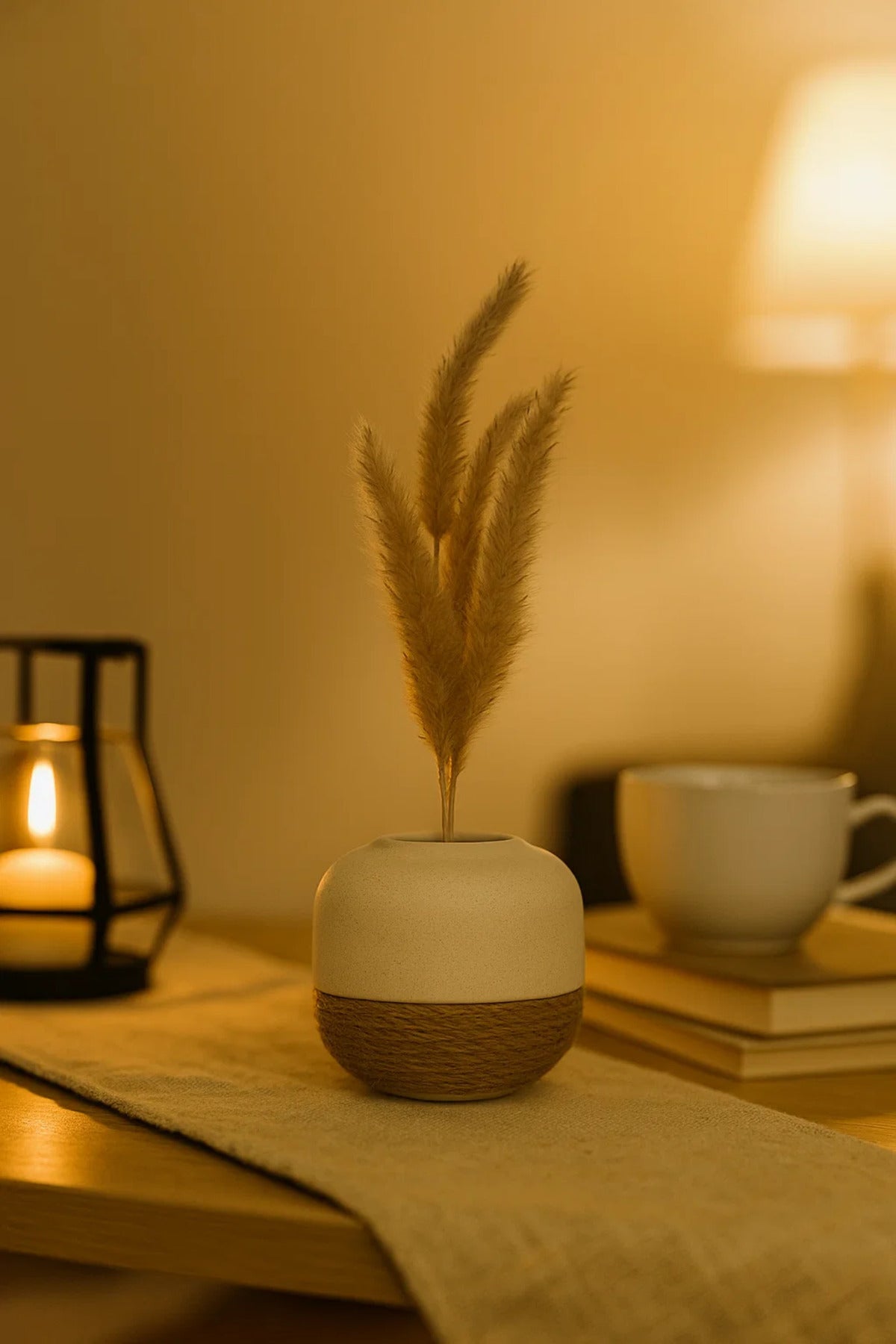 White Ceramic Round Rope Vase Ð Modern Decorative Flower Pot for Home and Office DŽcor
