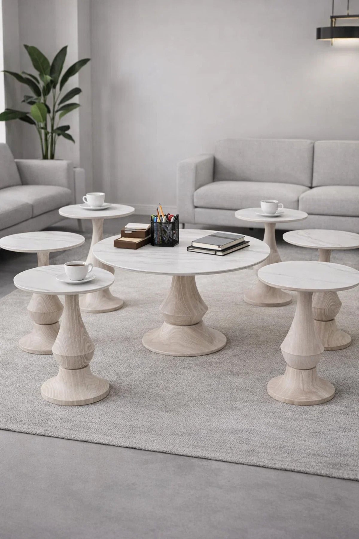 Modern 7-Piece Ceramic centerTable Set with Wood Base - 1 Center & 6 Side Tables for Living Room