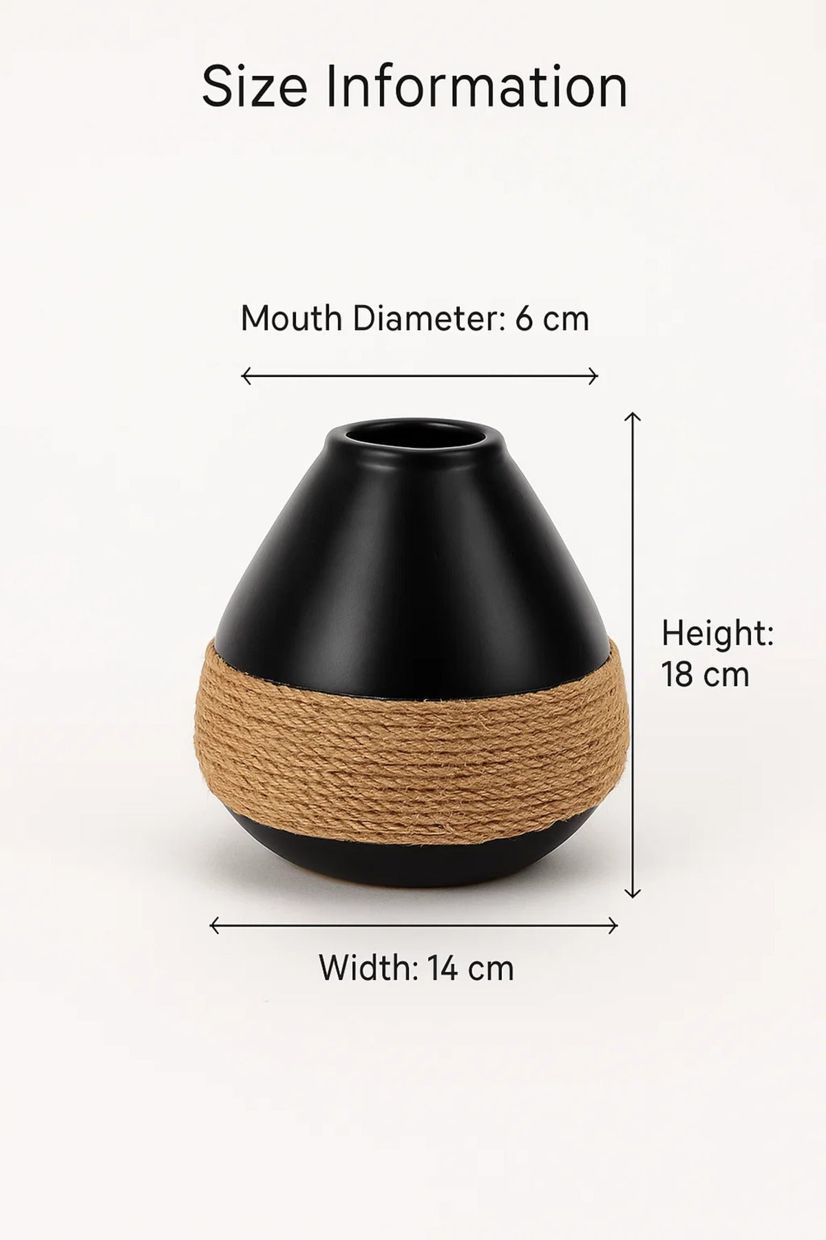 Black Ceramic Round Rope Vase H3595 Ð Modern Decorative Flower Pot for Home and Office DŽcor